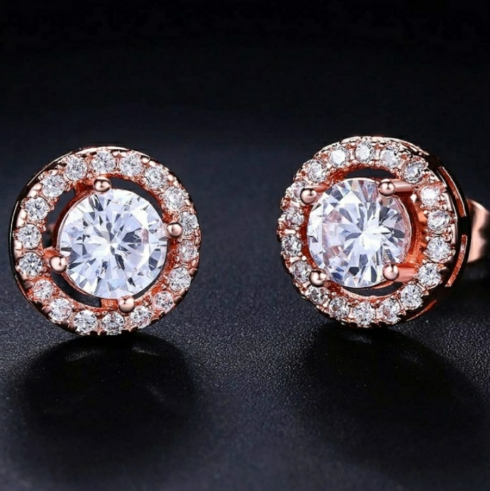 NEW Sparkling Rose Gold CZ Diamond Halo Earrings - Picture 1 of 1